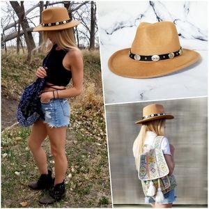 1 Left! NEW Boho Western Concho Belt Fedora in Caramel Tan